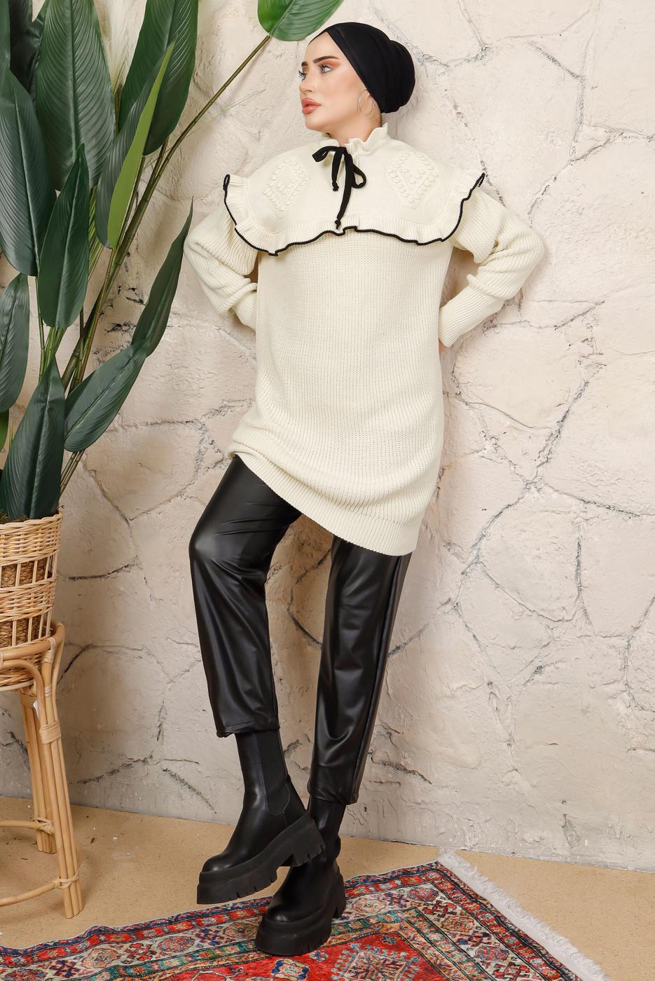 Tesettür giyim KREM FIRFIRLI TRİKO ÖRME TUNİK T 7108