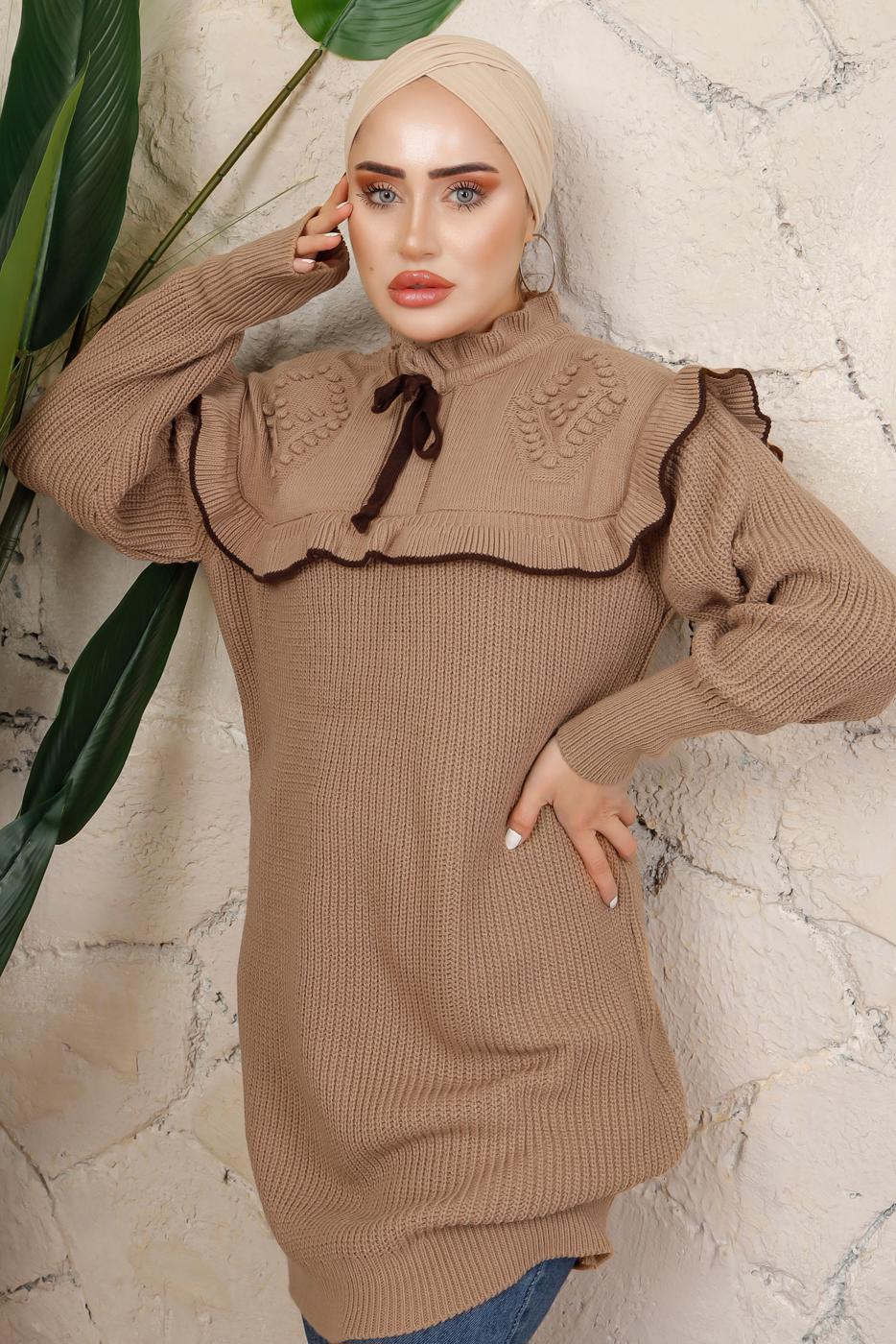 Tesettür giyim KAHVE FIRFIRLI TRİKO ÖRME TUNİK T 7108