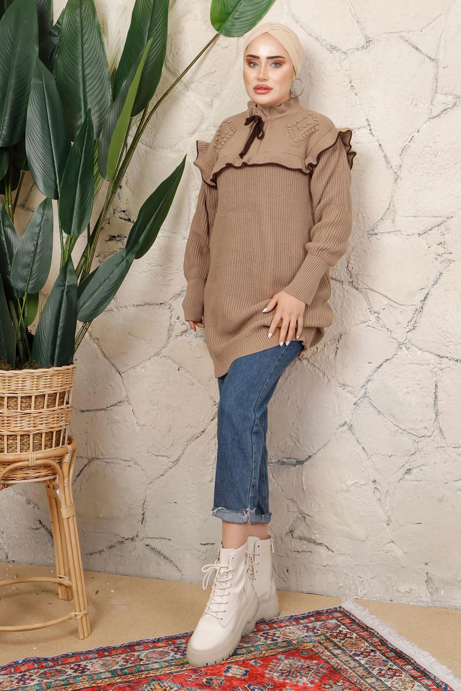 Tesettür giyim KAHVE FIRFIRLI TRİKO ÖRME TUNİK T 7108