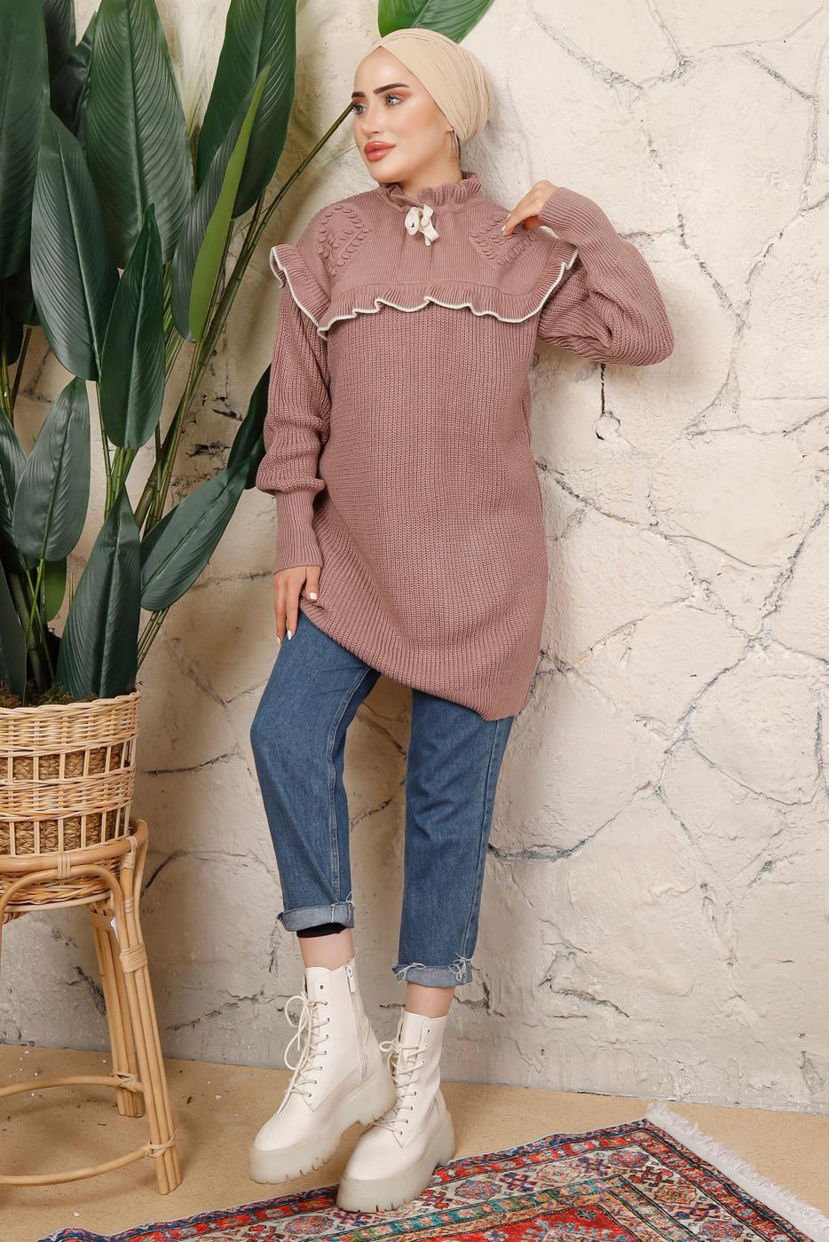 Tesettür giyim PUDRA FIRFIRLI TRİKO ÖRME TUNİK T 7108