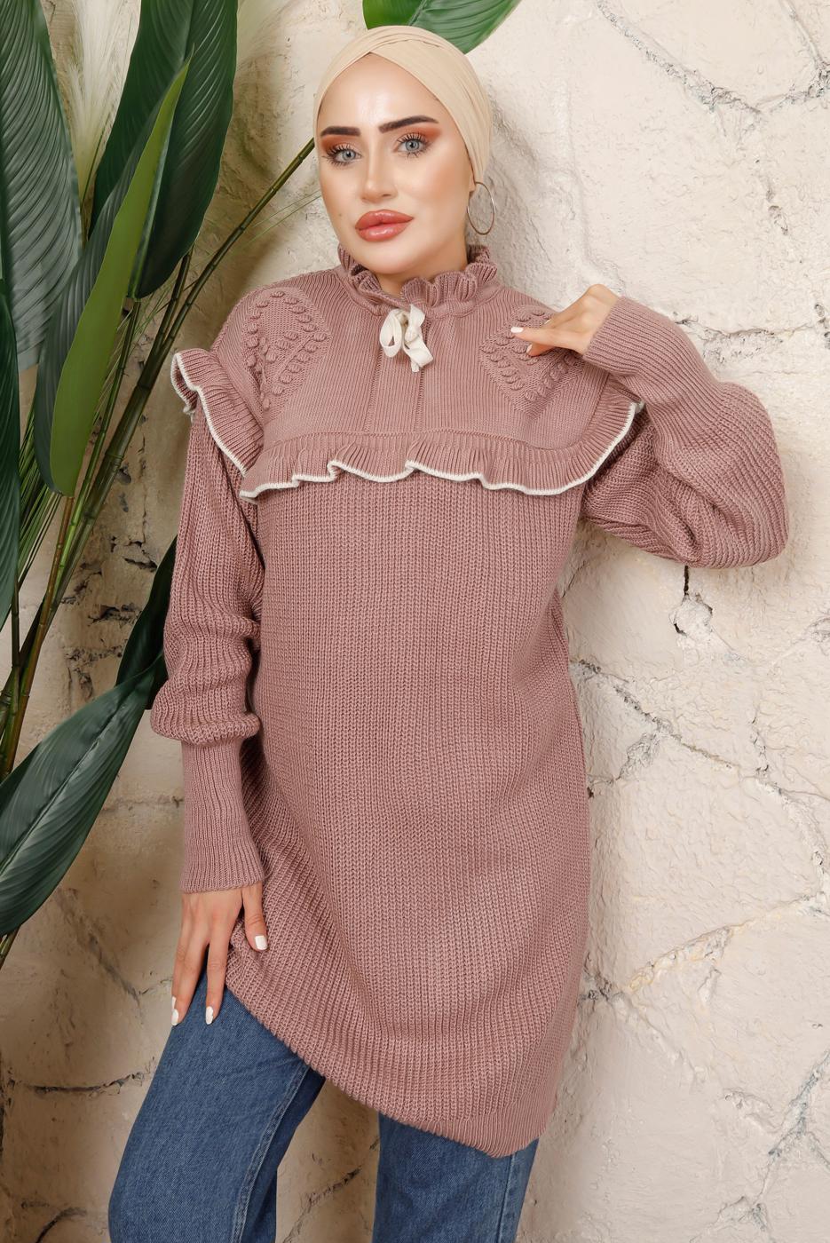 Tesettür giyim PUDRA FIRFIRLI TRİKO ÖRME TUNİK T 7108