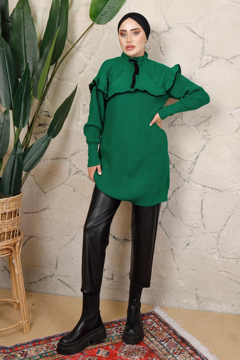 Tesettür giyim YEŞİL FIRFIRLI TRİKO ÖRME TUNİK T 7108