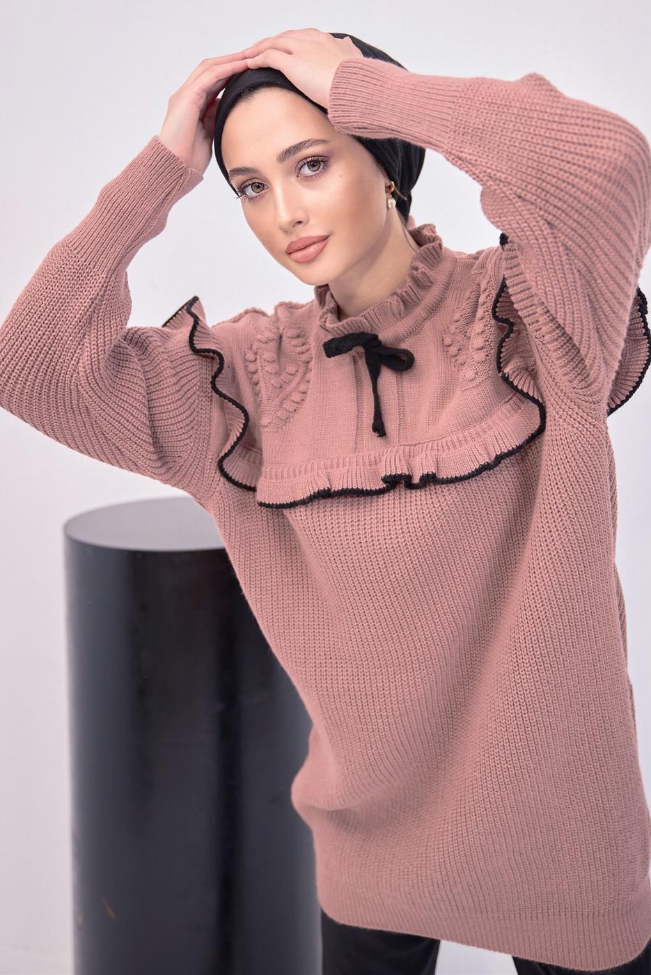 Tesettür giyim PEMBE FIRFIRLI TRİKO ÖRME TUNİK T 7108