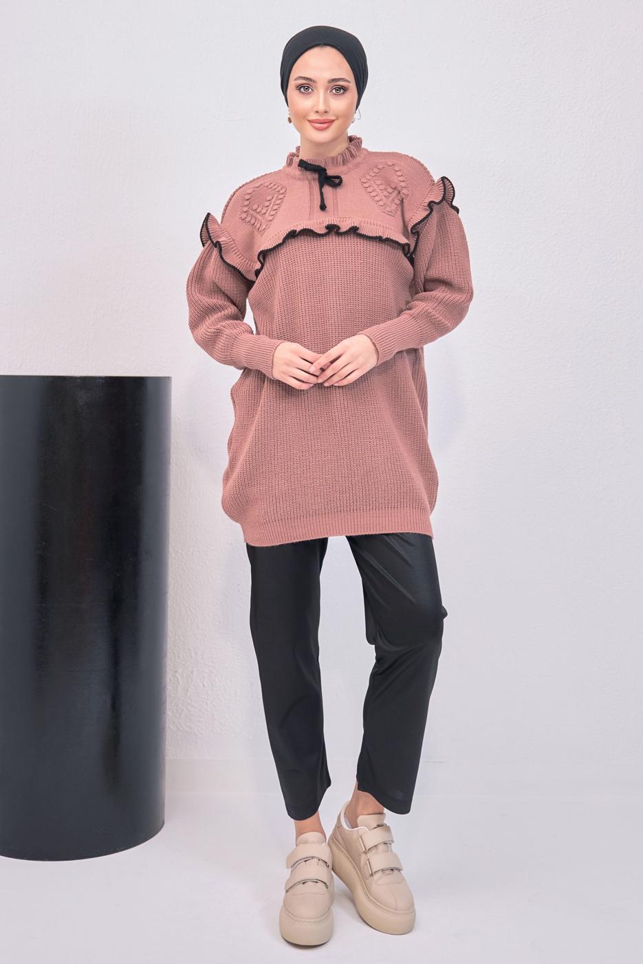 Tesettür giyim PEMBE FIRFIRLI TRİKO ÖRME TUNİK T 7108