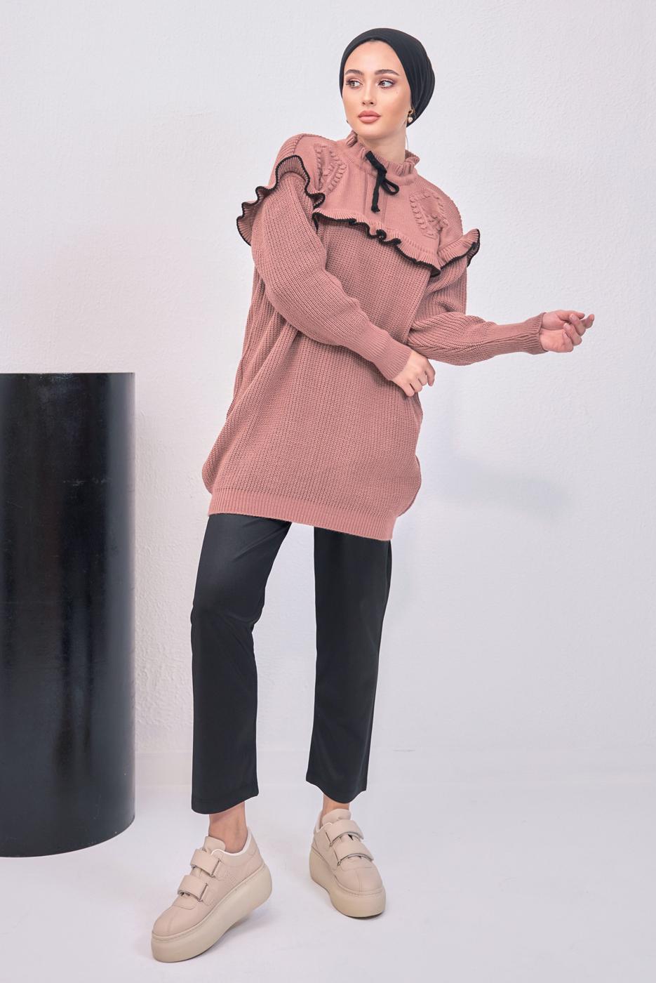 Tesettür giyim PEMBE FIRFIRLI TRİKO ÖRME TUNİK T 7108