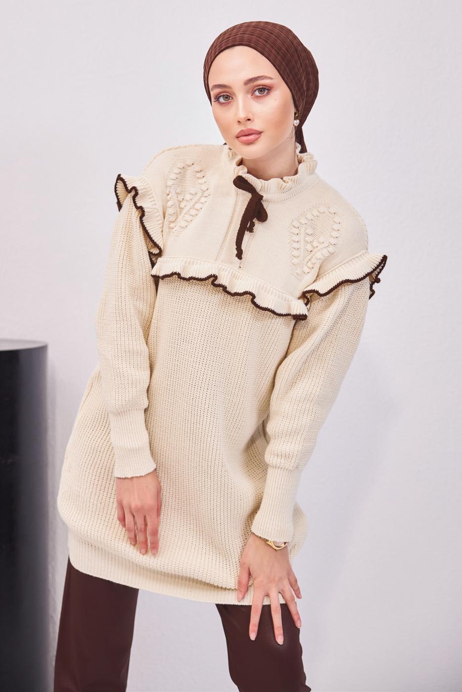 Tesettür giyim EKRU FIRFIRLI TRİKO ÖRME TUNİK T 7108