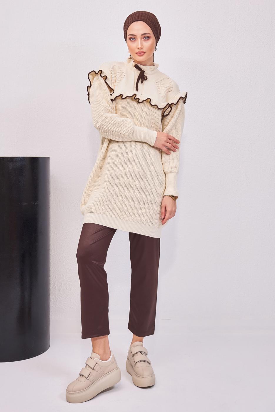 Tesettür giyim EKRU FIRFIRLI TRİKO ÖRME TUNİK T 7108