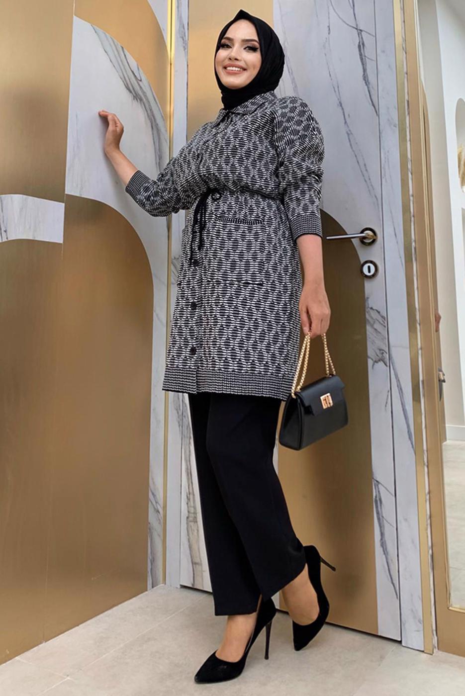 Vêtements hijab NOIR TUNIQUE EN TRICOT À MOTIFS T 7216