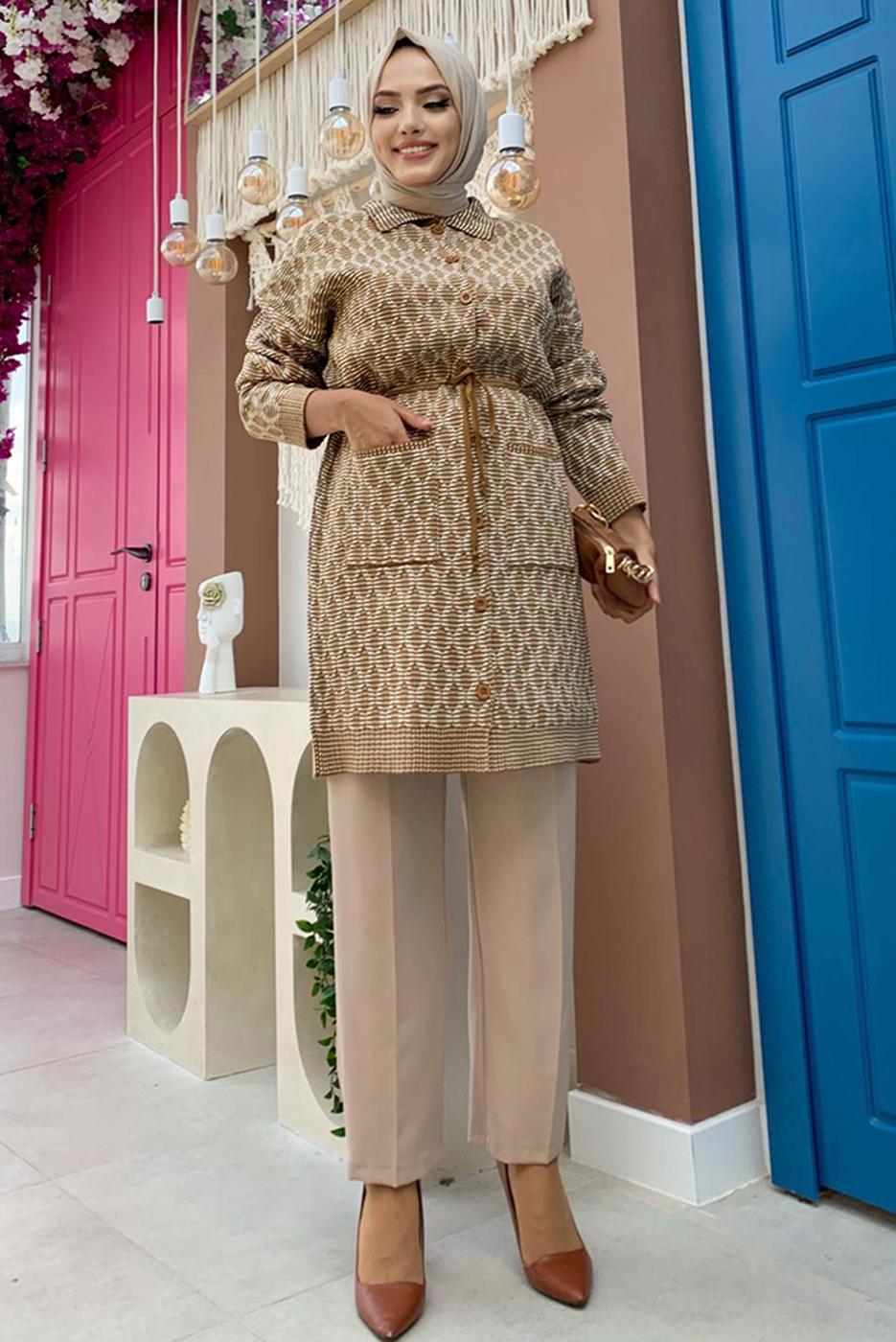 Tesettür giyim TABA DESENLİ TRİKO TUNİK T 7216