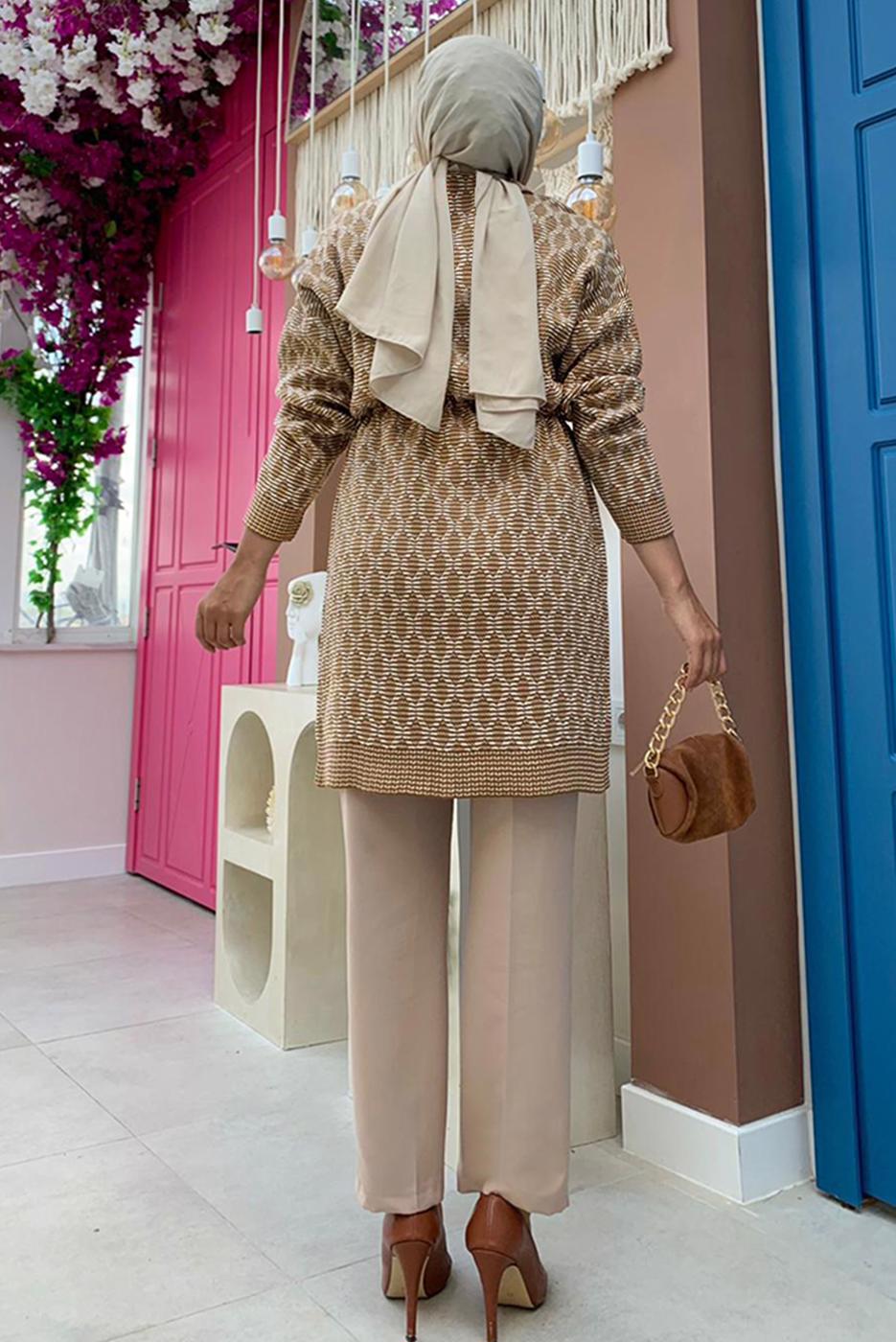 Tesettür giyim TABA DESENLİ TRİKO TUNİK T 7216