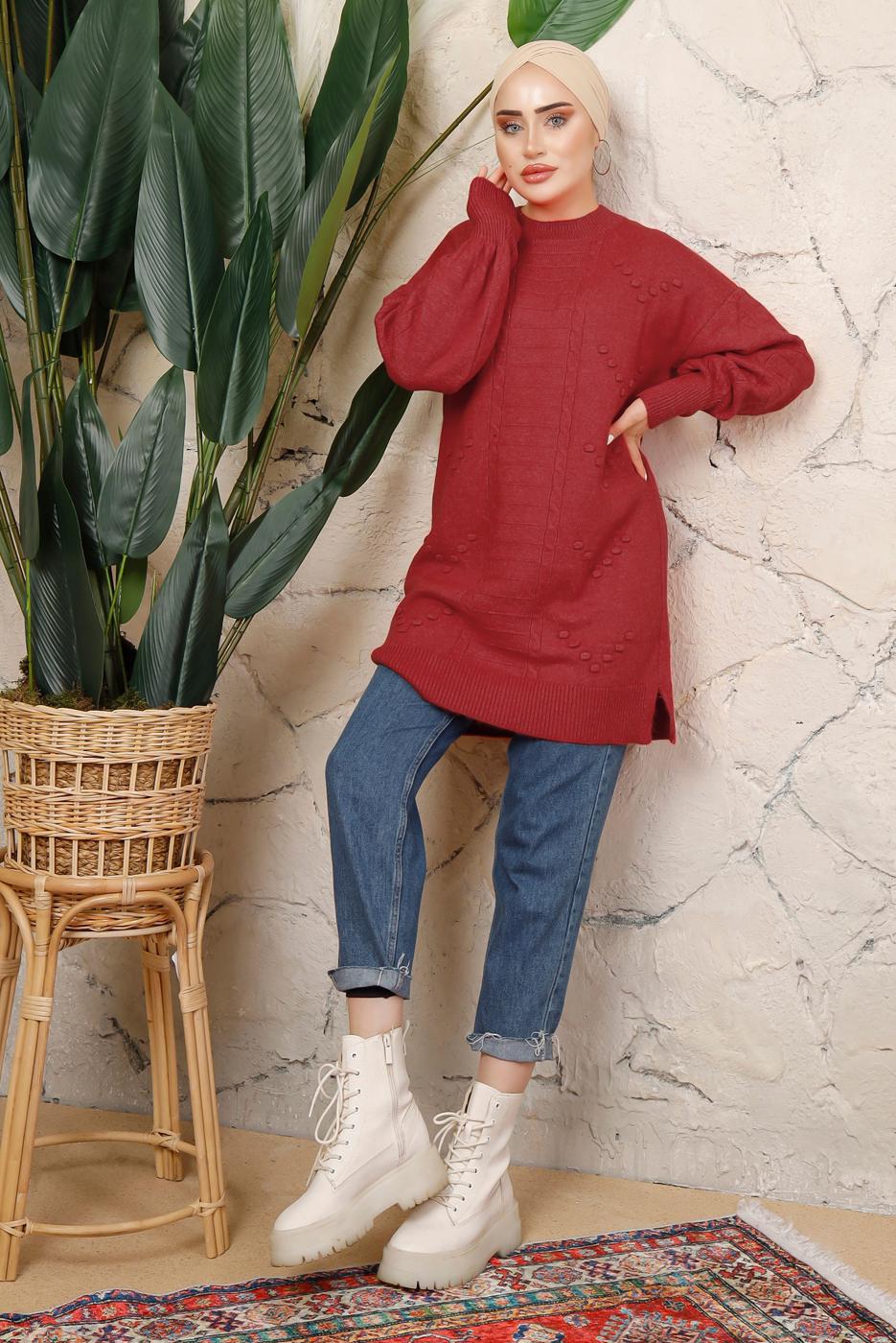 Tesettür giyim KIRMIZI MANŞETLERİ LASTİKLİ TRİKO TUNİK T 8208