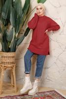 Tesettür giyim KIRMIZI MANŞETLERİ LASTİKLİ TRİKO TUNİK T 8208