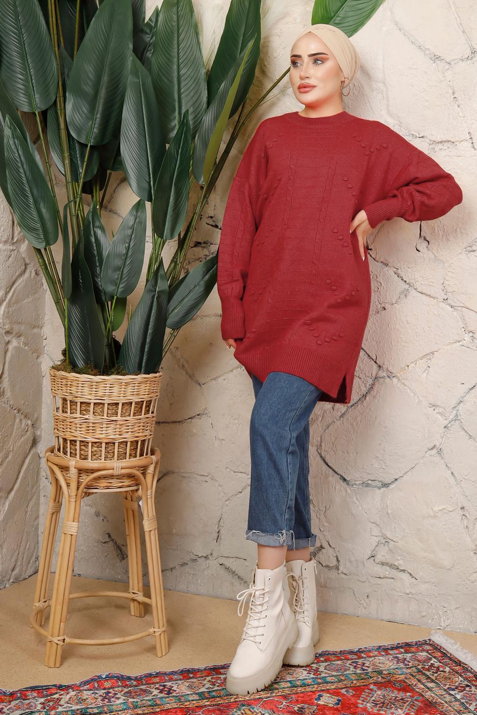 Tesettür giyim KIRMIZI MANŞETLERİ LASTİKLİ TRİKO TUNİK T 8208