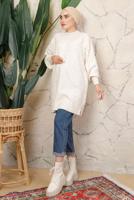 Tesettür giyim EKRU MANŞETLERİ LASTİKLİ TRİKO TUNİK T 8208