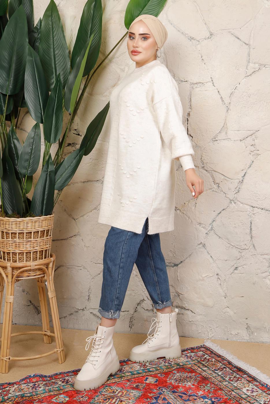 Tesettür giyim EKRU MANŞETLERİ LASTİKLİ TRİKO TUNİK T 8208