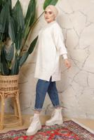 Tesettür giyim EKRU MANŞETLERİ LASTİKLİ TRİKO TUNİK T 8208