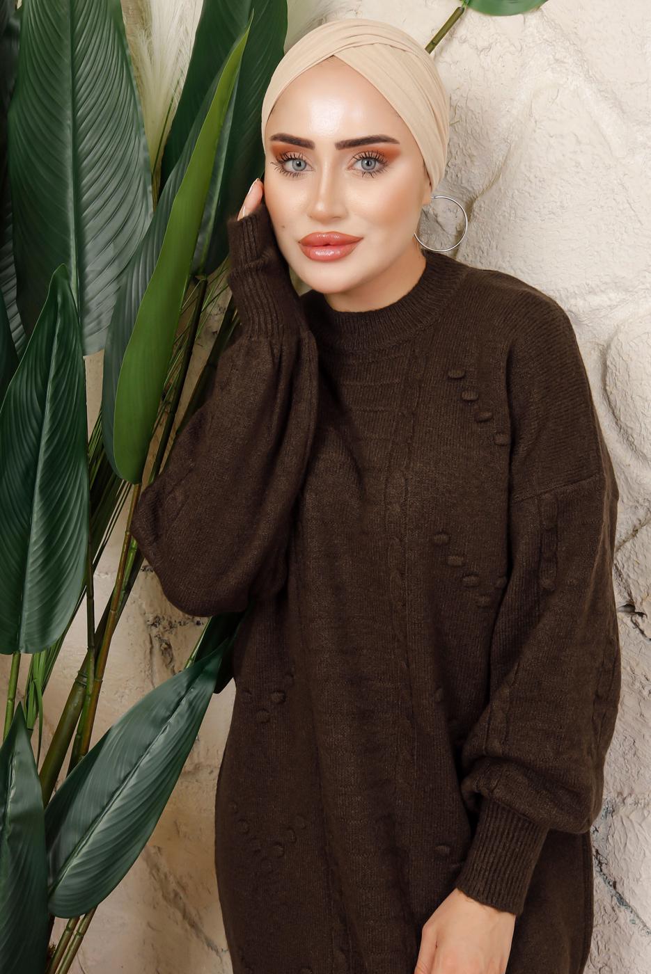 Tesettür giyim KAHVE MANŞETLERİ LASTİKLİ TRİKO TUNİK T 8208