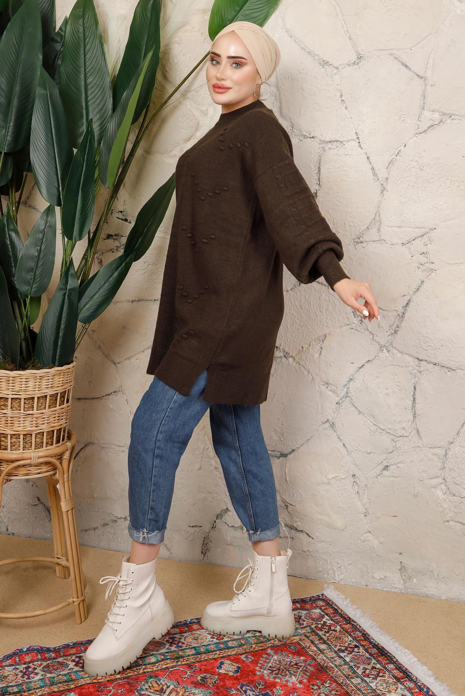 Tesettür giyim KAHVE MANŞETLERİ LASTİKLİ TRİKO TUNİK T 8208