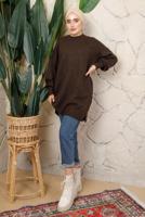 Tesettür giyim KAHVE MANŞETLERİ LASTİKLİ TRİKO TUNİK T 8208