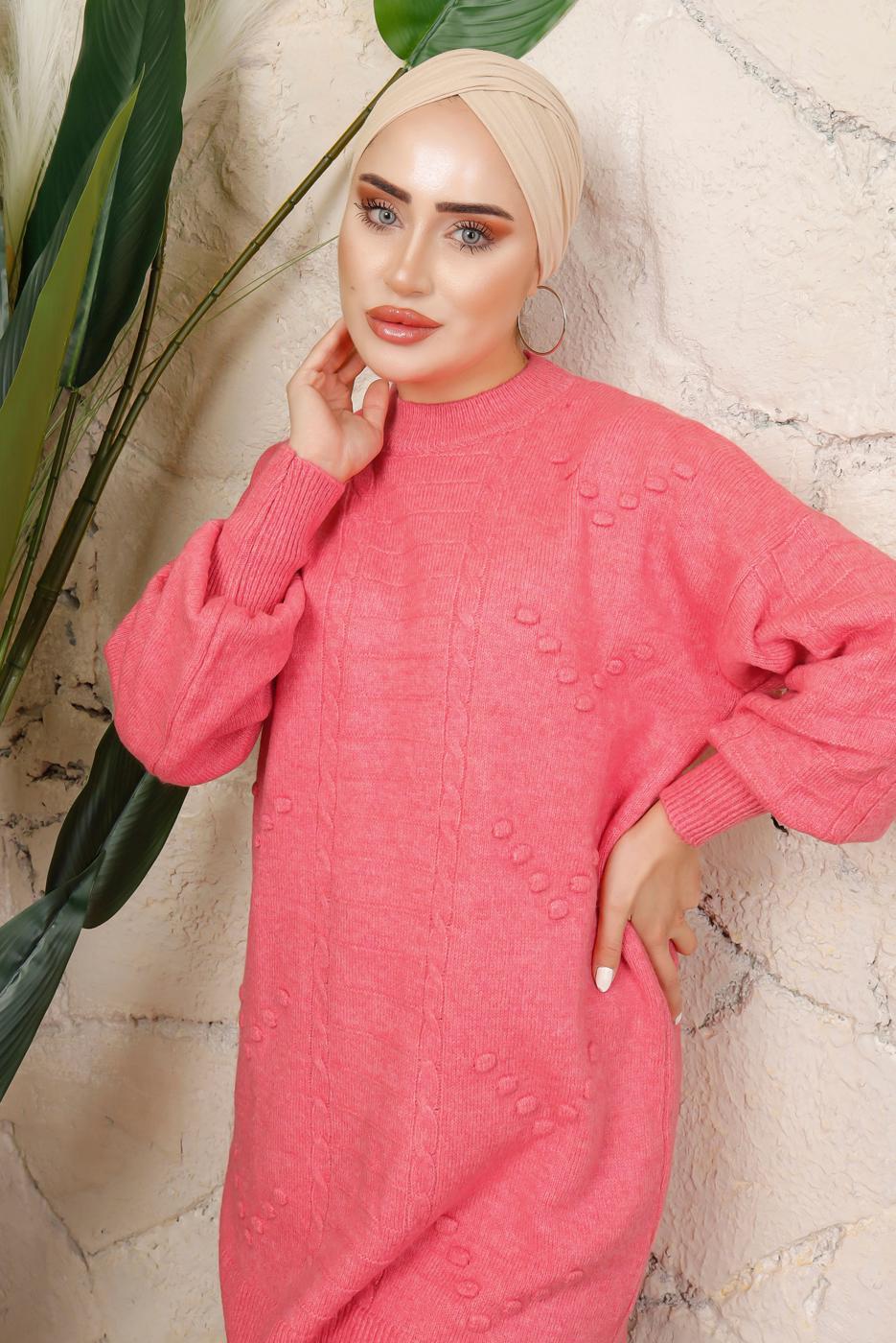 Tesettür giyim PEMBE MANŞETLERİ LASTİKLİ TRİKO TUNİK T 8208