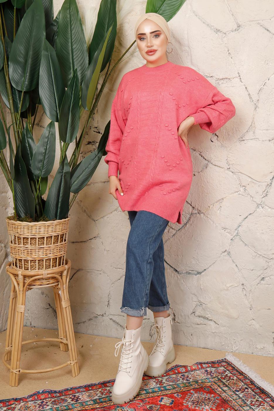 Tesettür giyim PEMBE MANŞETLERİ LASTİKLİ TRİKO TUNİK T 8208