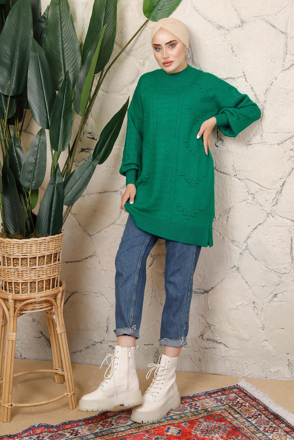 Tesettür giyim YEŞİL MANŞETLERİ LASTİKLİ TRİKO TUNİK T 8208