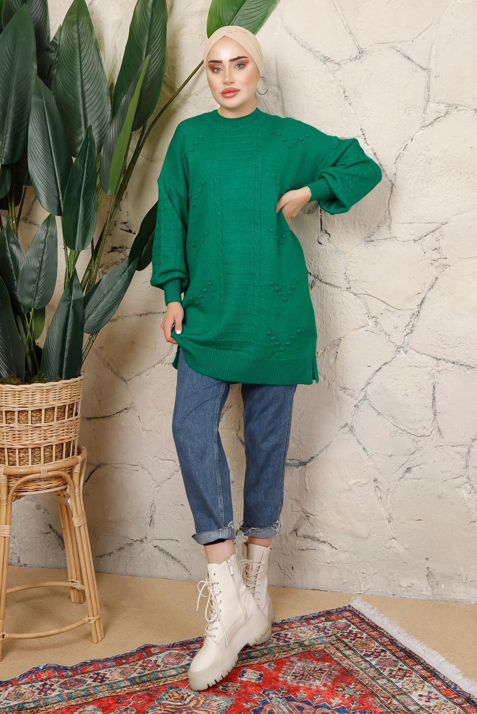 Tesettür giyim YEŞİL MANŞETLERİ LASTİKLİ TRİKO TUNİK T 8208