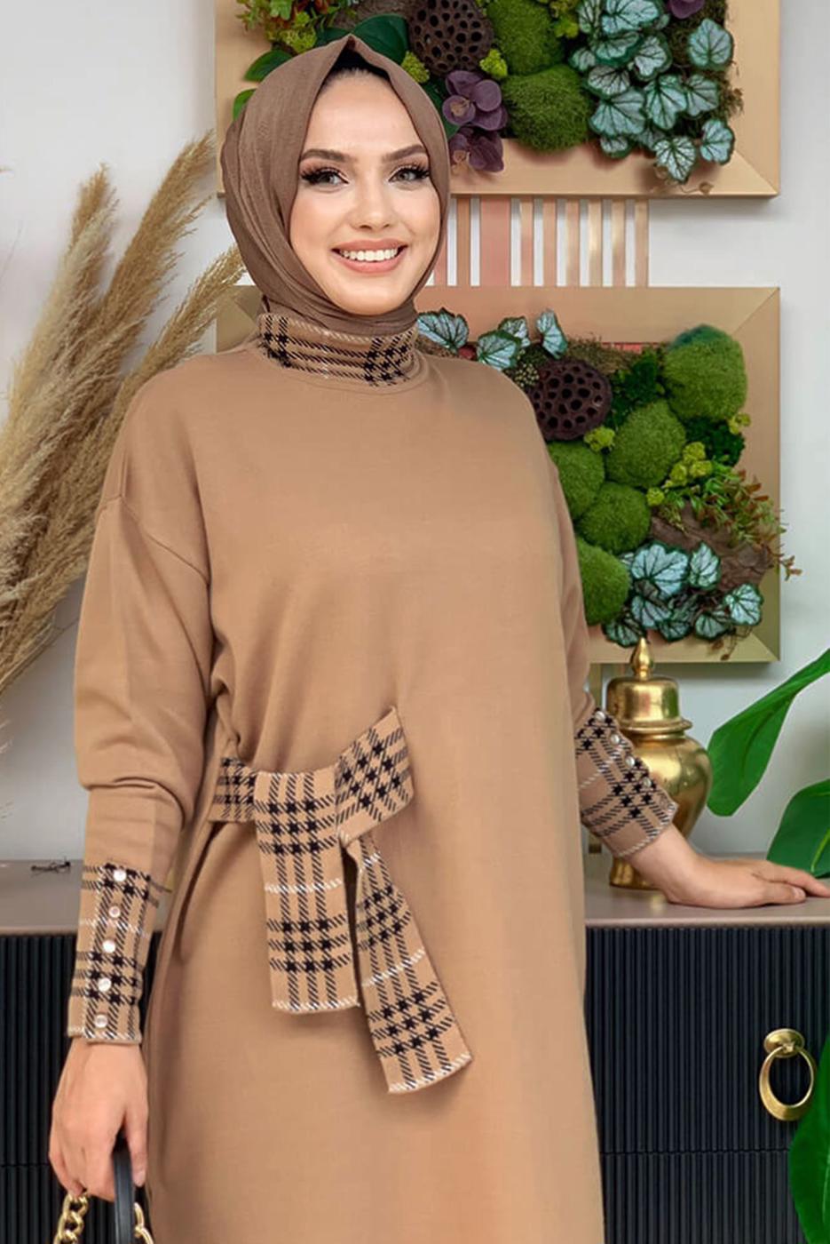 Tesettür giyim TABA DİK YAKA TRİKO TUNİK T 8334