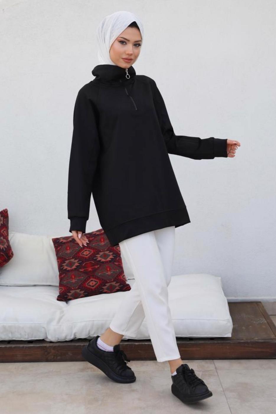 Tesettür giyim SİYAH FERMUAR YAKA SWEAT TUNİK T 92002