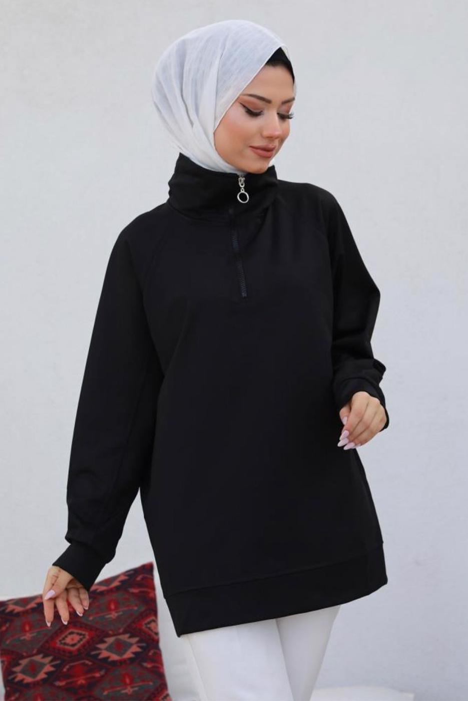 Tesettür giyim SİYAH FERMUAR YAKA SWEAT TUNİK T 92002