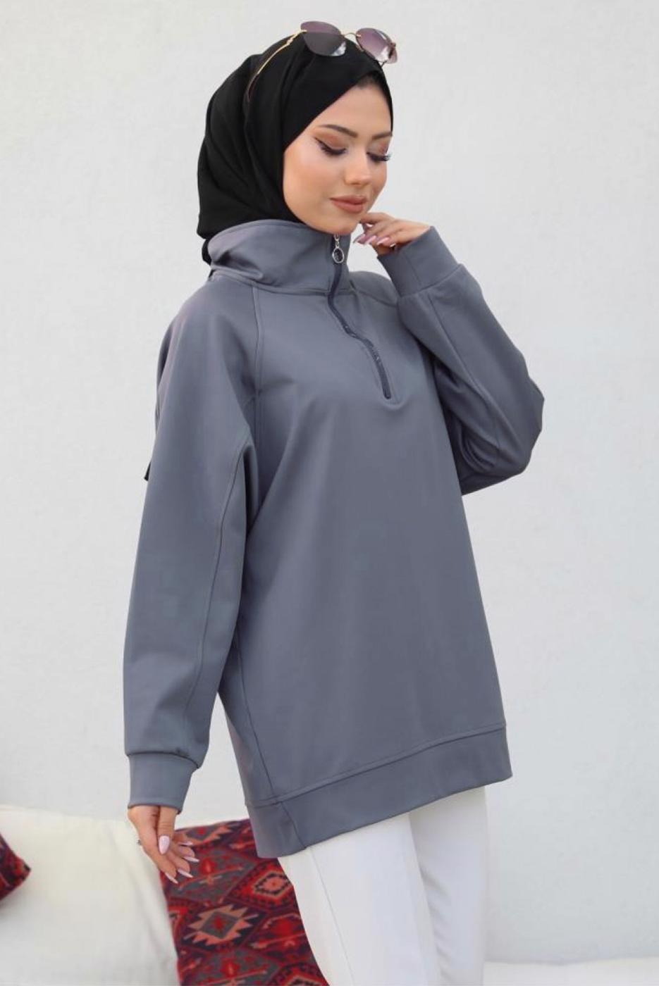 Tesettür giyim GRİ FERMUAR YAKA SWEAT TUNİK T 92002