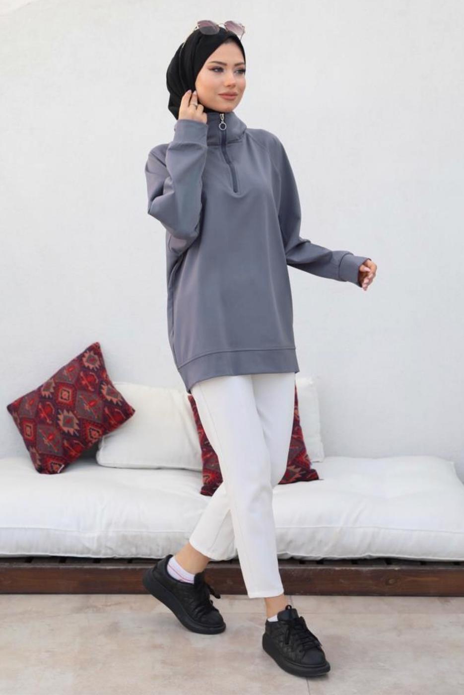 Tesettür giyim GRİ FERMUAR YAKA SWEAT TUNİK T 92002