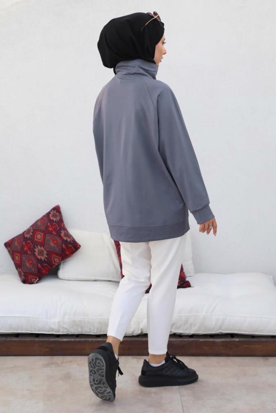 Tesettür giyim GRİ FERMUAR YAKA SWEAT TUNİK T 92002