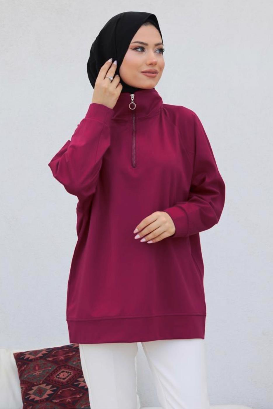 Tesettür giyim BORDO FERMUAR YAKA SWEAT TUNİK T 92002