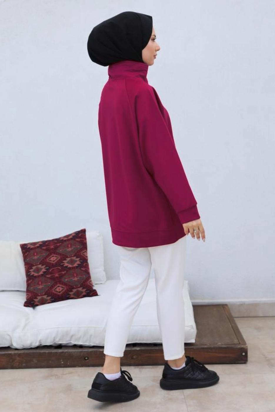 Tesettür giyim BORDO FERMUAR YAKA SWEAT TUNİK T 92002