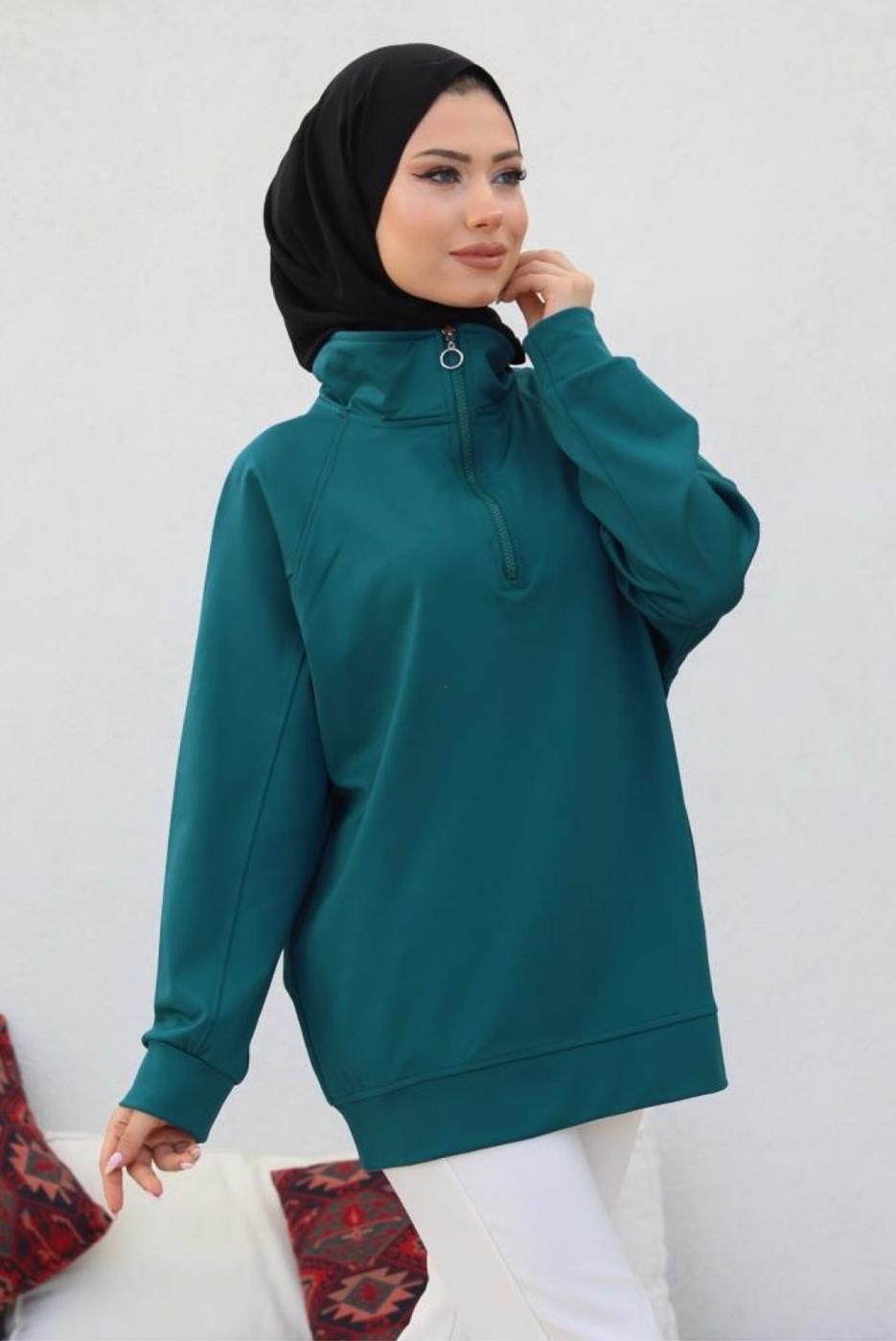 Tesettür giyim MAVİ FERMUAR YAKA SWEAT TUNİK T 92002