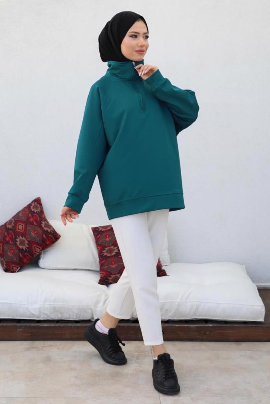 Tesettür giyim MAVİ FERMUAR YAKA SWEAT TUNİK T 92002