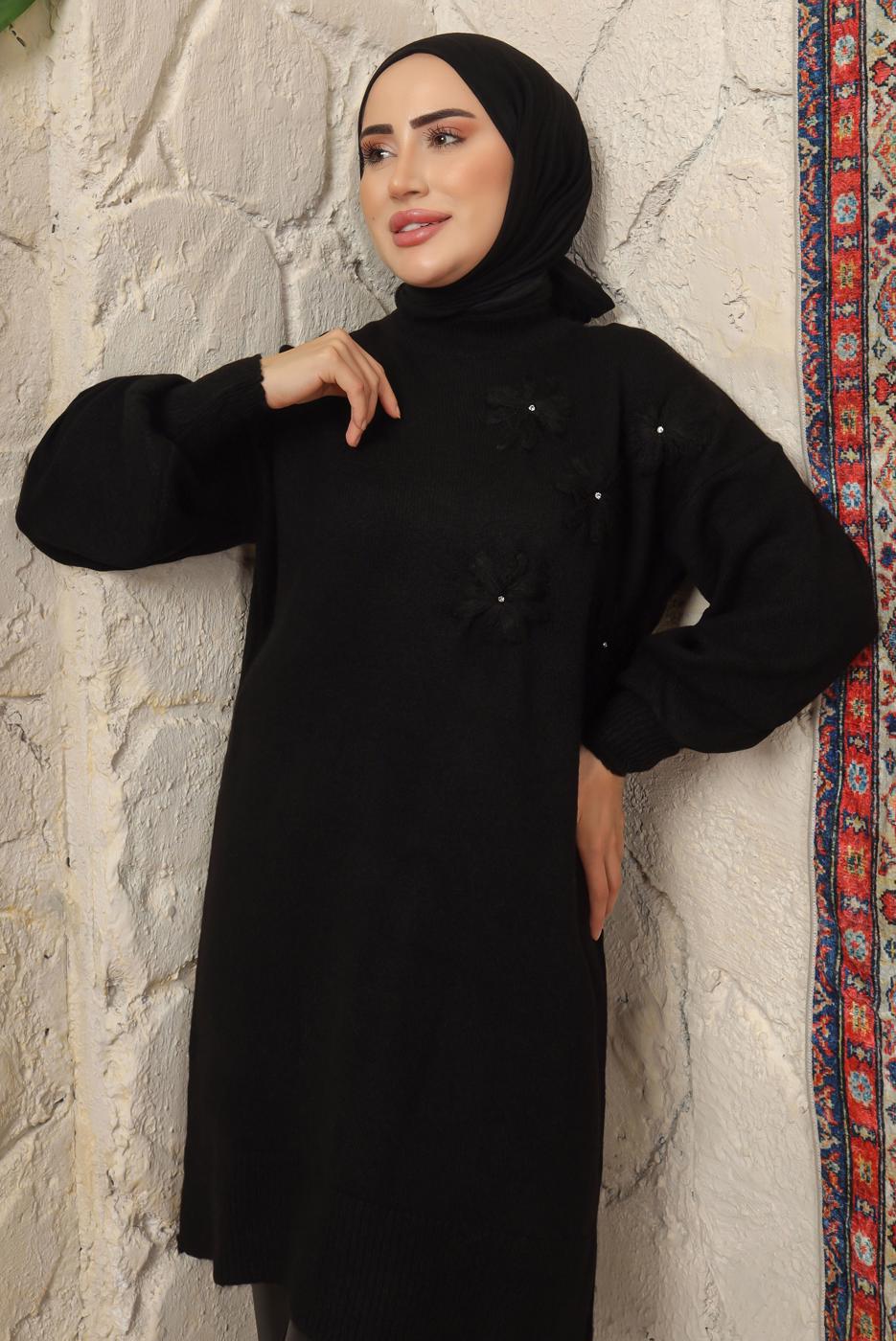 Tesettür giyim SİYAH ÇİÇEK NAKIŞLI TRİKO TUNİK T 9208
