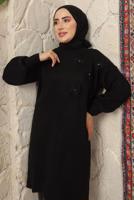 Tesettür giyim SİYAH ÇİÇEK NAKIŞLI TRİKO TUNİK T 9208