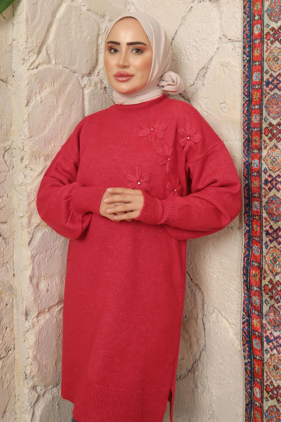 Tesettür giyim KIRMIZI ÇİÇEK NAKIŞLI TRİKO TUNİK T 9208