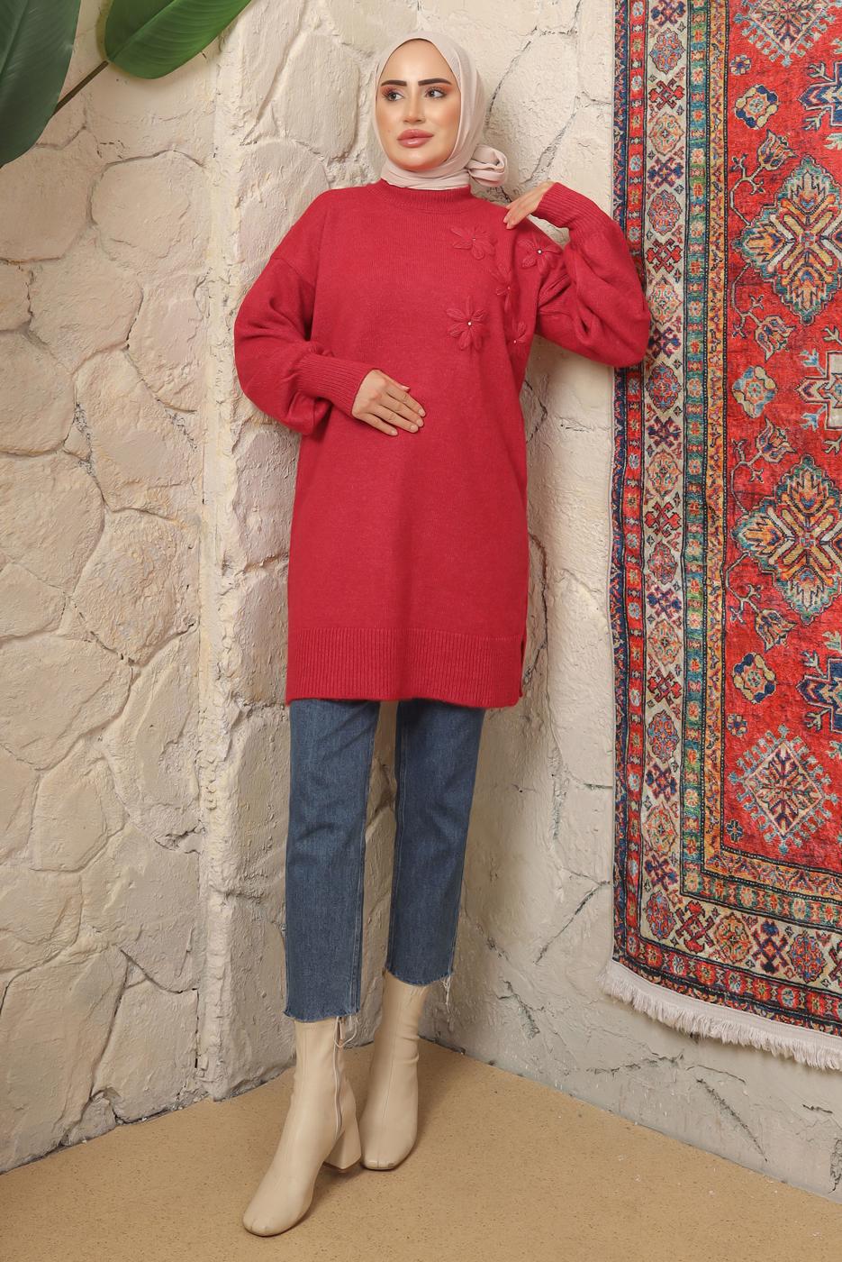 Tesettür giyim KIRMIZI ÇİÇEK NAKIŞLI TRİKO TUNİK T 9208