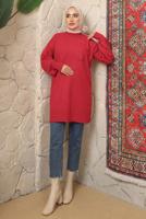 Tesettür giyim KIRMIZI ÇİÇEK NAKIŞLI TRİKO TUNİK T 9208