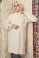 Tesettür giyim EKRU ÇİÇEK NAKIŞLI TRİKO TUNİK T 9208
