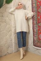 Tesettür giyim EKRU ÇİÇEK NAKIŞLI TRİKO TUNİK T 9208