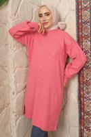 Tesettür giyim PEMBE ÇİÇEK NAKIŞLI TRİKO TUNİK T 9208