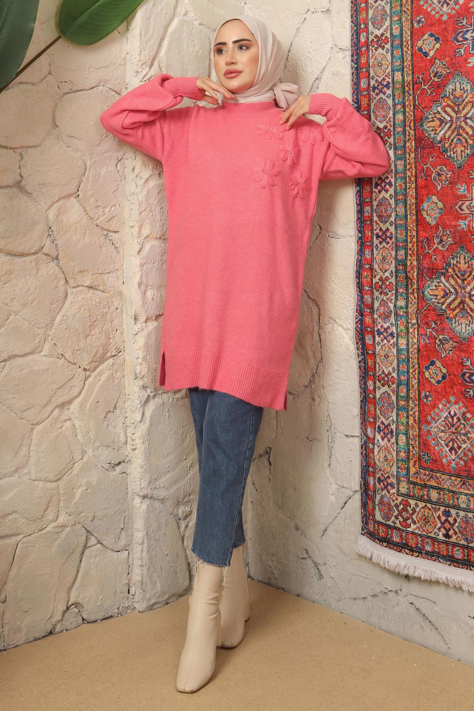 Tesettür giyim PEMBE ÇİÇEK NAKIŞLI TRİKO TUNİK T 9208