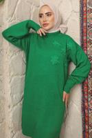 Tesettür giyim YEŞİL ÇİÇEK NAKIŞLI TRİKO TUNİK T 9208