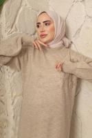 Tesettür giyim VİZON ÇİÇEK NAKIŞLI TRİKO TUNİK T 9208