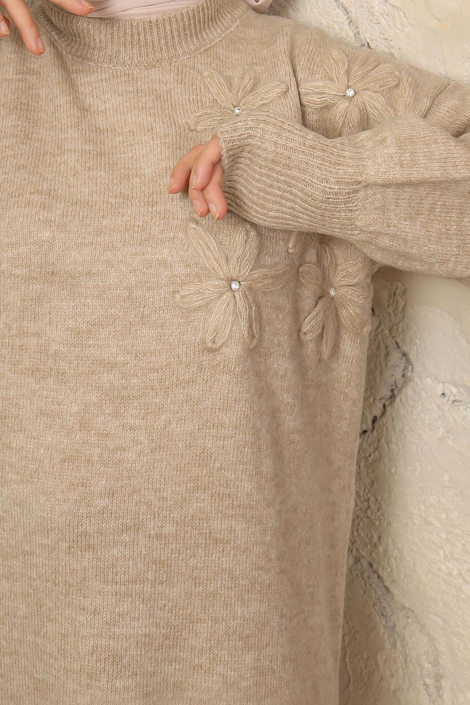 Tesettür giyim VİZON ÇİÇEK NAKIŞLI TRİKO TUNİK T 9208