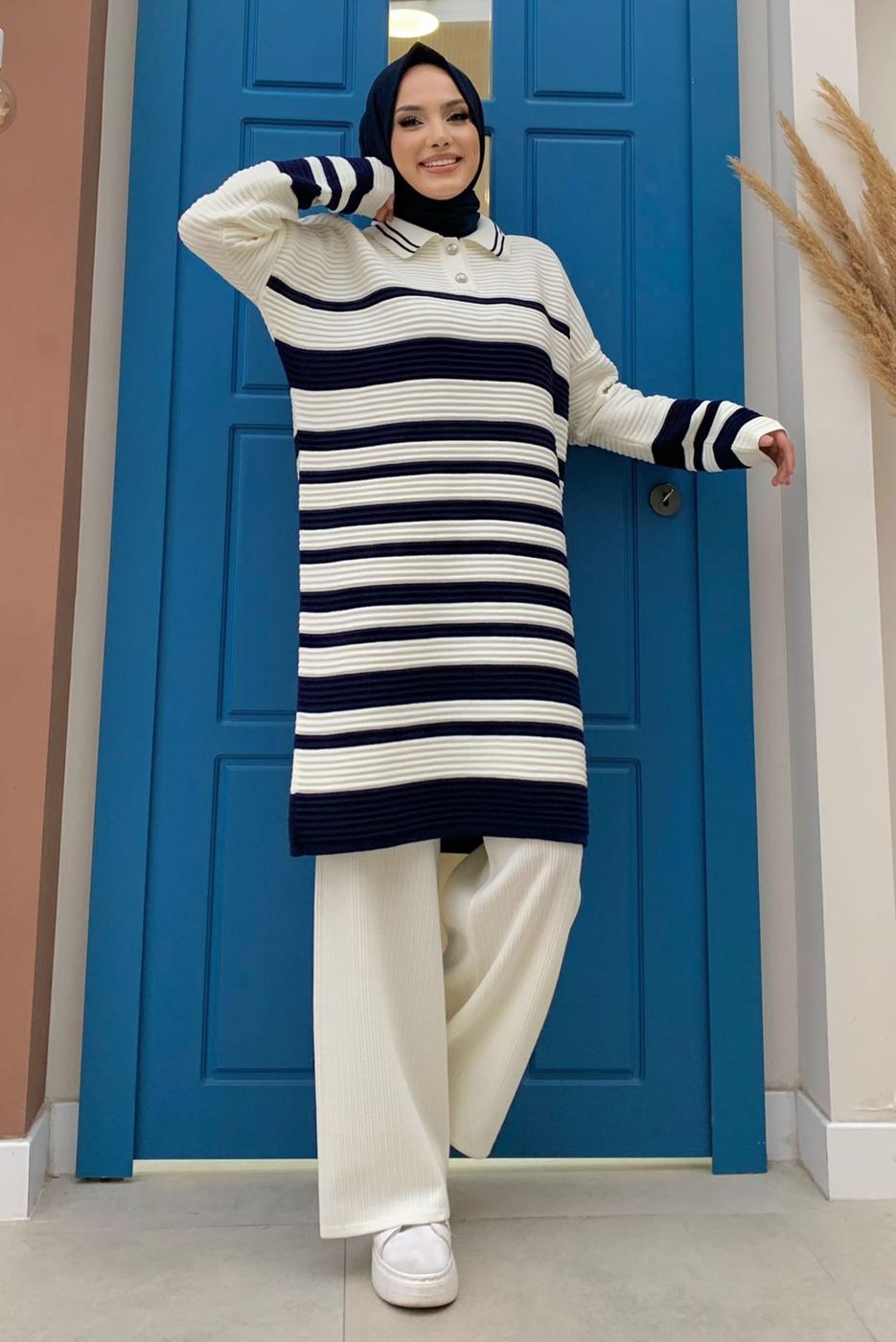 Tesettür giyim LACİVERT ÇİZGİLİ TRİKO TUNİK T 93222